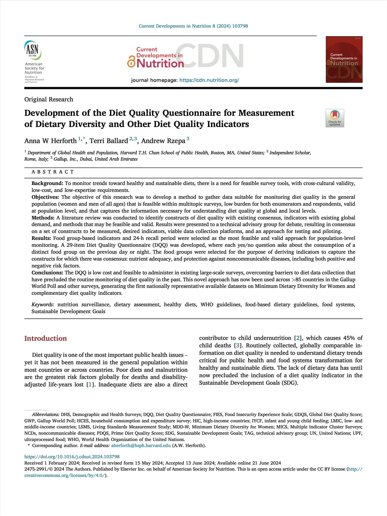 Development of the Diet Quality Questionnaire for Measurement of Dietary Diversity and Other Diet Quality Indicators